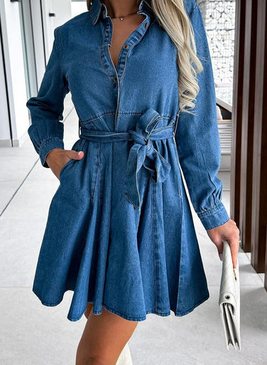 Tied Half Button Long Sleeve Denim Dress