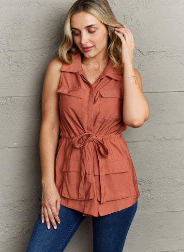 Ninexis Follow The Light Sleeveless Collared Button Down Top