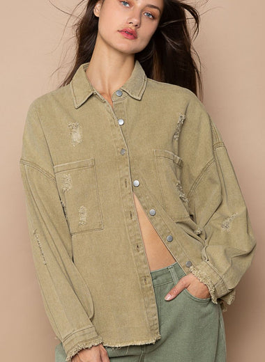 POL Button Down Raw Hem Distressed Shacket