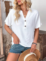 Buttoned Notched Short Sleeve Blouse