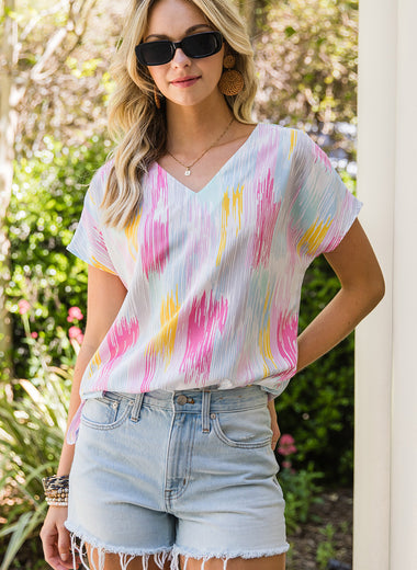 High-Low V-Neck Short Sleeve Blouse