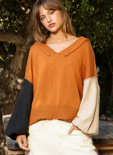 POL Exposed Seam Roll Edge Color Block V Neck Sweater