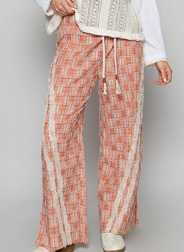 POL Lace Trim Drawstring Checkered Wide Leg Pants