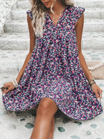 Printed V-Neck Cap Sleeve Mini Dress