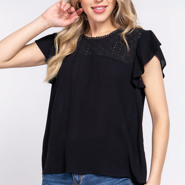 ACTIVE BASIC Ruffle Short Sleeve Crochet Blouse