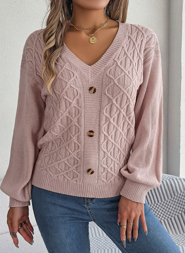 Cable-Knit V-Neck Lantern Sleeve Sweater