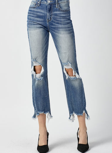 RISEN High Waist Distressed Frayed Hem Cropped Straight Jeans