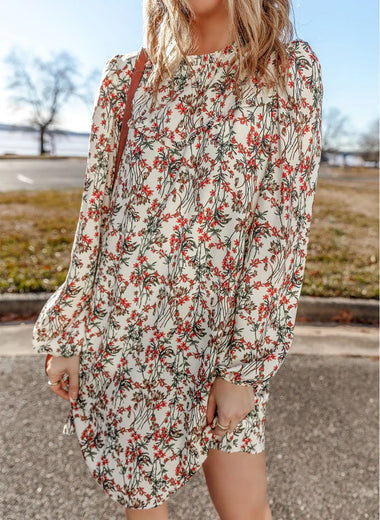 Floral Round Neck Long Sleeve Mini Dress