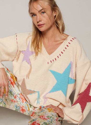 POL V-Neck Long Sleeve Star Fringe Sweater