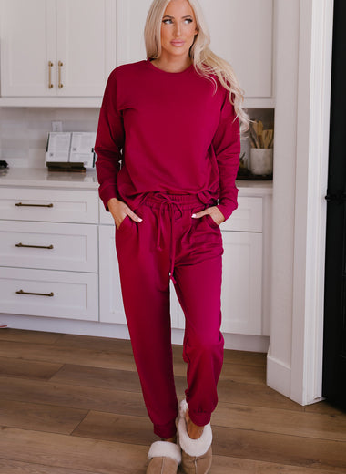 Round Neck Top and Drawstring Pants Lounge Set