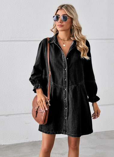 Button Up Flounce Sleeve Mini Denim Dress