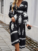 Printed Surplice Lantern Sleeve Midi Dress