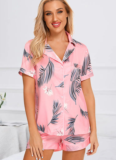 Printed Button Up Short Sleeve Top and Shorts Lounge Set