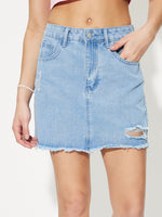 Distressed Raw Hem Mini Denim Skirt