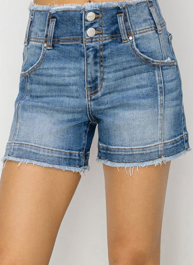 RISEN High Rise Seam Detailed Raw Edge Denim Shorts