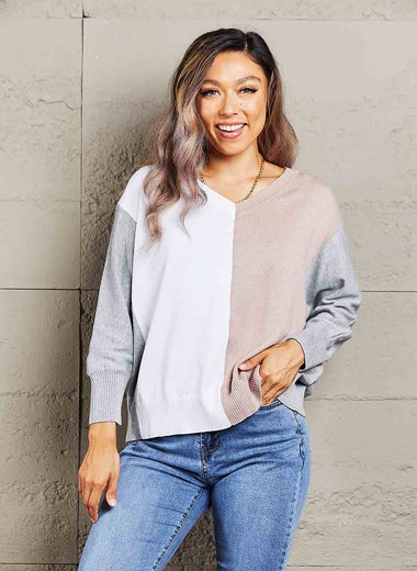 Double Take Color Block V-Neck Ribbed Trim Sweater