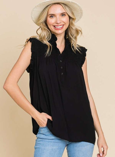 Culture Code Full Size Frill Edge Smocked Sleeveless Top