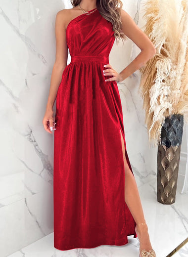 One Shoulder Slit Ruched Maxi Dress