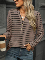 Striped Notched Long Sleeve T-Shirt