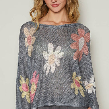 POL Flower Dropped Shoulder Long Sleeve Knit Top