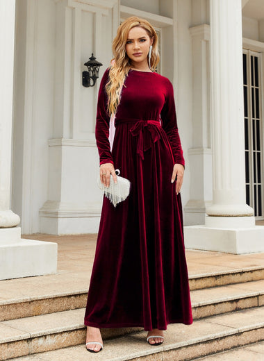 Tie Front Round Neck Long Sleeve Maxi Dress