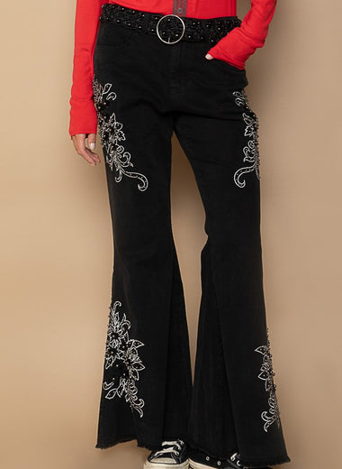 POL Raw Hem Embroidered Flare Pants