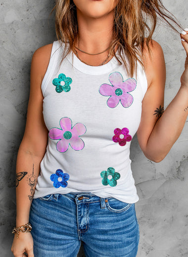 Sequin Flower Round Neck Tank