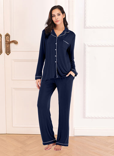 Collared Neck Long Sleeve Loungewear Set with Pockets