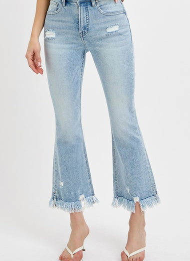 RISEN Full Size Raw Hem Distressed Cropped Flare Jeans Plus Size