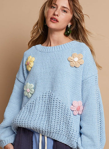 POL Crochet Flower Round Neck Dropped Shoulder Sweater