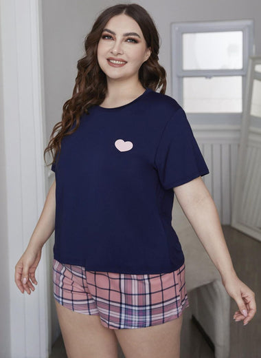 Plus Size Heart Graphic Top and Plaid Shorts Loungewear Set