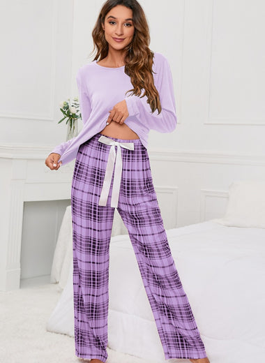 Round Neck Long Sleeve Top and Bow Plaid Pants Lounge Set