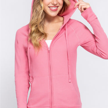 ACTIVE BASIC Waffle Knit Drawstring Zip Up Long Sleeve Hoodie