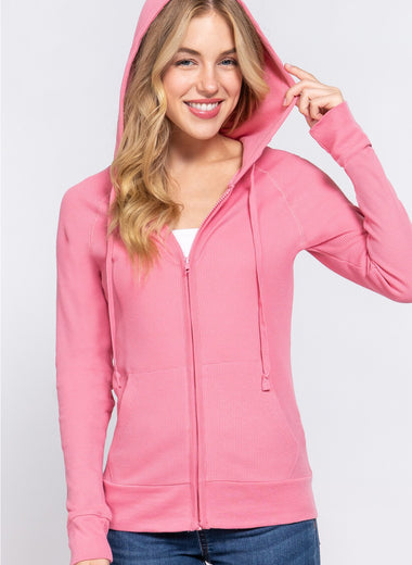 ACTIVE BASIC Waffle Knit Drawstring Zip Up Long Sleeve Hoodie