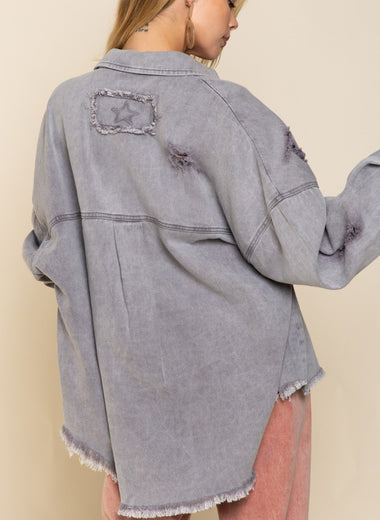 POL Button Down Raw Hem Distressed Shacket