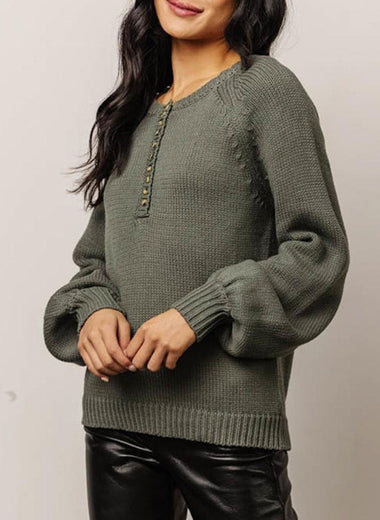 Buttoned Round Neck Long Sleeve Sweater