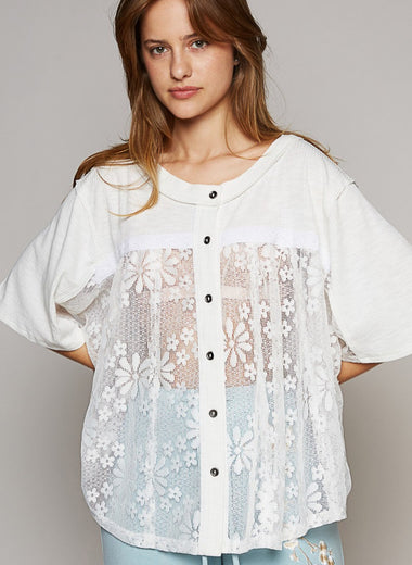 POL Round Neck Short Sleeve Lace Top