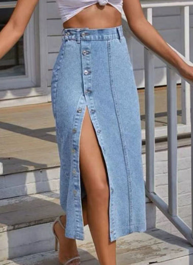 Buttoned Split Denim Skirt