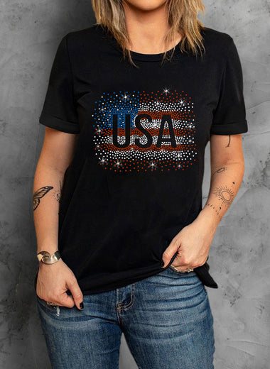 USA Rhinestone Round Neck Short Sleeve T-Shirt