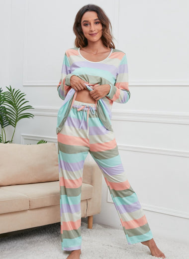 Striped Round Neck Long Sleeve Top and Drawstring Pants Lounge Set