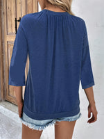 Ruched Heathered V-Neck Three-Quarter Sleeve T-Shirt