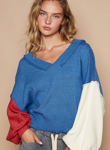 POL Exposed Seam Contrast V-Neck Lantern Sleeve Sweater