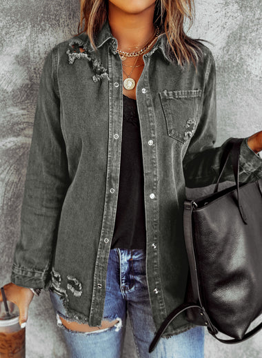 Distressed Raw Hem Snap Down Denim Jacket