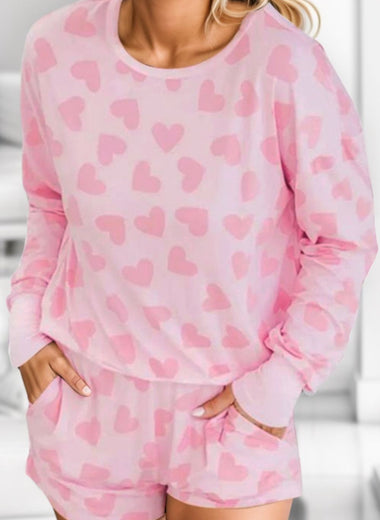 Heart Print Round Neck Top and Shorts Lounge Set