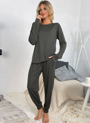 Round Neck Top and Drawstring Pants Lounge Set