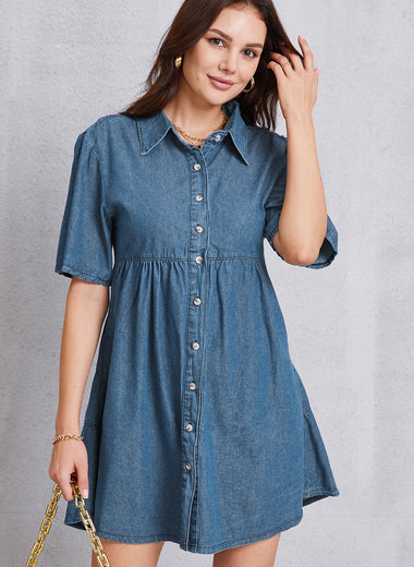 Button Up Collared Neck Tiered Denim Dress