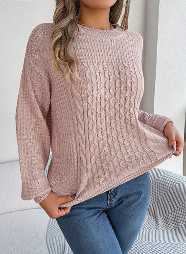 Cable-Knit Round Neck Long Sleeve Sweater