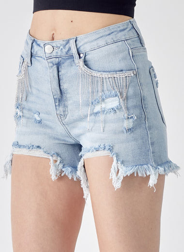 RISEN Frayed Hem Denim Shorts with Fringe Detail Pockets