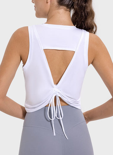 Drawstring Cutout Round Neck Active Tank