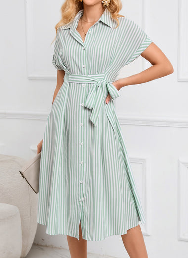 Striped Short Sleeve Tie Waist Midi Dress